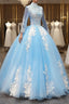 Blue Long Sleeves lace Tulle Sweet 16 Dress, Light Blue Ball Gown Formal Dress, Party Dress