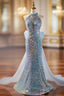 Blue Mermaid Sequins Halter Long Party Dress with Bow, Blue Sequins Formal Prom Dress