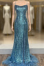 Blue Mermaid Sequins Spaghetti Straps Formal Prom Dress
