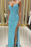 Blue Mermaid Sequins Split Formal Prom Dress