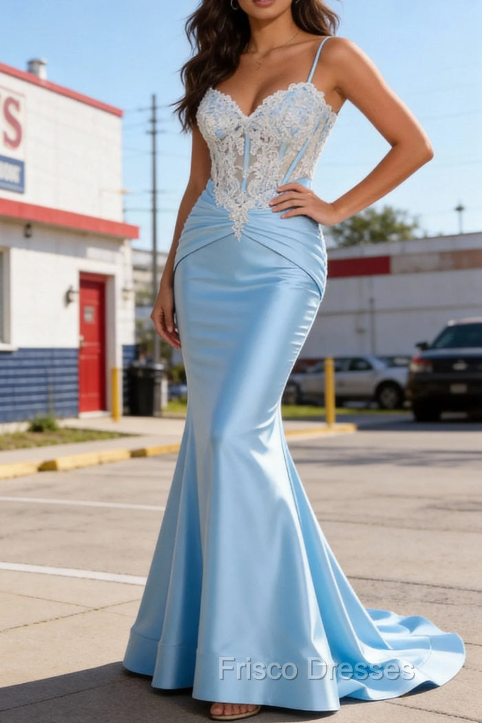 Blue Mermaid Spaghetti Straps Corset Appliqued Prom Dress – Frisco Dresses