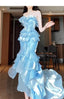 Blue Mermaid Strapless Long Ruffled Prom Dress