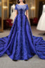 Blue Mermaid Velvet Backless Cap Sleeve Formal Prom Dress With Removable Train