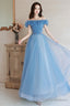 Blue Off Shoulder Beaded A-Line Floor Length Party Dress, Blue Evening Gown