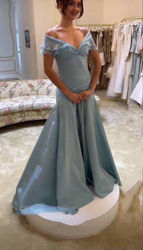 Elegant Blue A-Line Off-Shoulder Long Prom Dresses Vintage Satin Chiff – Frisco Dresses Elegant Blue A-Line Off-Shoulder Long Prom Dresses Vintage Satin Chiff – Frisco Dresses