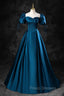Blue Off the Shoulder Satin Floor Length Formal Prom Dress with Corset, Blue Evening Party Dress