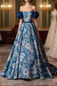 Blue Printed Long A-Line Formal Prom Dress, Blue Off the Shoulder Formal Evening Dress