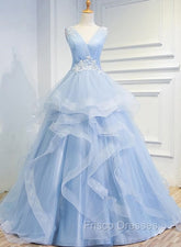 Blue Formal Prom Dress V-neck Ball Gown Sweep Train Party Dress, Sweet 16 Gown