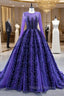 Blue Purple Tulle Beading Long Sleeve Formal Prom Dress
