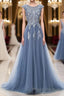 Blue round neck tulle lace applique long Formal Prom Dresses, blue evening Dresses