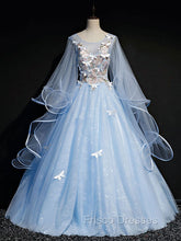 Blue Round Neck Tulle Lace Long Formal Prom Dress, Blue Sweet 16 Dress