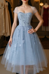 Blue round neck tulle lace short Formal Prom Dresses, blue homecoming Dresses