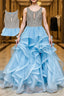 Blue round neck tulle sequin long Formal Prom Dresses blue tulle formal Dresses