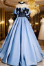 Blue Satin A-Line Long Formal Prom Dress With Black Bow, Off The Shoulder Blue Long Party Dress