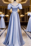 Blue Satin Beaded A-Line Long Party Dress, Blue Formal Prom Party Dress Formal Dress
