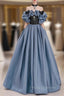 Blue Satin Black Lace Strapless Formal Prom Dress