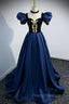 Blue Satin Lace Long Formal Prom Dress, Blue Short Sleeve Evening Party Dress