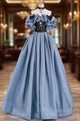 Blue Satin Lace Long Formal Prom Dress, Off Shoulder Evening Party Dress