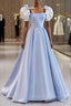 Blue Satin Long A-Line Formal Prom Dress, Lovely Short Sleeve Formal Evening Dress