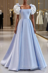 Blue Satin Long A-Line Formal Prom Dress, Lovely Short Sleeve Formal Evening Dress