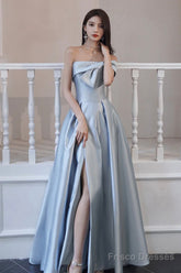 Blue Satin Long A-Line Prom Dress, Off The Shoulder Evening Dress With Slit