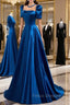 Blue Satin Long A-Line Formal Prom Dress, Simple Blue Short Sleeve Evening Dress