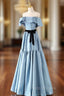 Blue Satin Long Formal Dress, Simple A-Line Strapless Formal Prom Dress