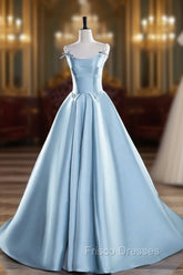 Blue Satin Long Formal Prom Dress, A-Line Spaghetti Strap Evening Party Dress