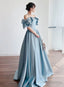 Blue Satin Off Shoulder Long Prom Dress With Bow, A-Line Party Dress