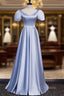 Blue Satin Puff Sleeve Pearls Beading Formal Prom Dress