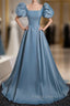 Blue Satin Puff Sleeve Square Neck Formal Prom Dress