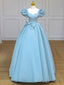 Blue Satin Puff Sleeves Long Prom Gown, Blue Long Sweet 16 Dress