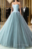 Blue Satin Tulle Strapless Beading Formal Prom Dress