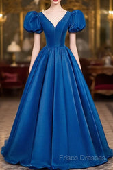 Blue Satin V-Neckline Short Sleeves Long Formal Dress, Blue Satin Formal Prom Dress