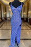 Blue Sequins Criss Cross Back Formal Prom Dress