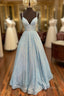 Blue Sequins Long A-Line Formal Prom Dress, V-Neck Shiny Evening Party Dress
