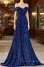 Blue Sequins Off the Shoulder Formal Prom Dress