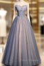 Blue Sequins Tulle Strapless Beading Formal Prom Dress
