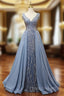 Blue Sequins V-neck Beading Formal Prom Dress