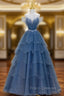 Blue Shiny Tulle Long Beaded A-line Formal Prom Dress, Blue Floor Length Party Dress