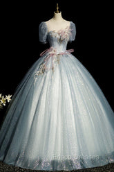 Blue Shiny Tulle Long Formal Prom Dress with Sequins, A-Line Short Sleeve Party Dress