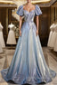 Blue Short Sleeve Pleats Formal Prom Dress