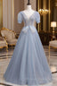 Blue Short Sleeve Tulle Floor Length Formal Prom Dress with Beaded