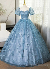Blue Short Sleeves Long Party Dress With Butterfly Lace, Blue Prom Dress