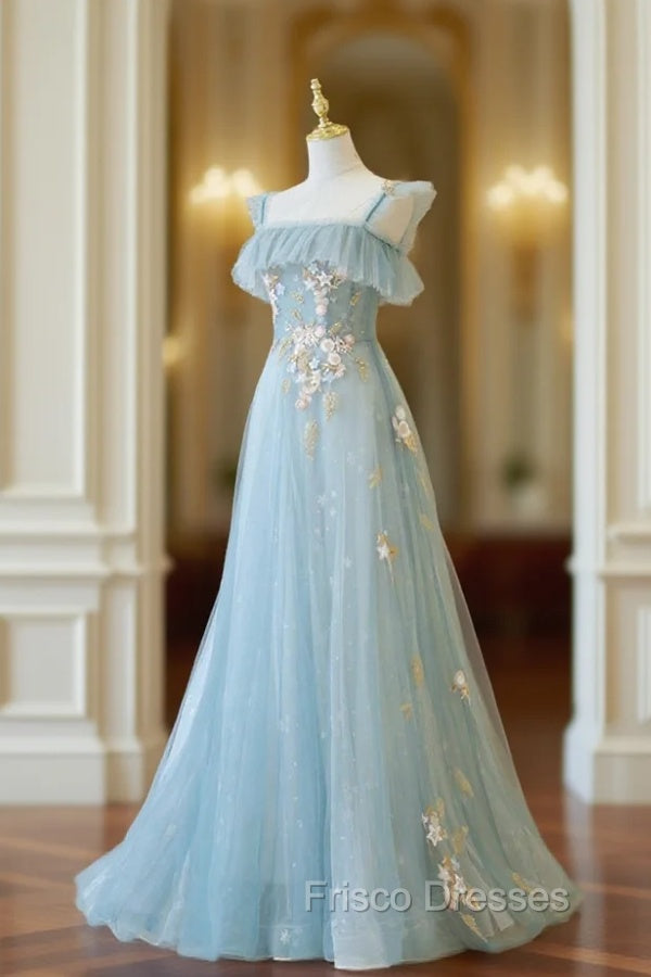 Blue Spaghetti Strap Lace Long Formal Prom Dress, Cute A-Line Graduati Frisco Dresses Blue Spaghetti Strap Lace Long Formal Prom Dress, Cute A-Line Graduati Frisco Dresses