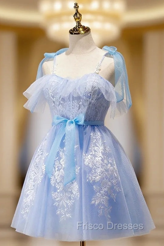 Blue Spaghetti Strap Lace Short Formal Prom Dress, Lovely A-Line Homec Frisco Dresses Blue Spaghetti Strap Lace Short Formal Prom Dress, Lovely A-Line Homec Frisco Dresses
