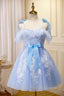 Blue Spaghetti Strap Lace Short Formal Prom Dress, Lovely A-Line Homecoming Dress