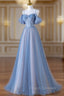 Blue Spaghetti Strap Tulle Long Formal Prom Dress, A-Line Evening Dress
