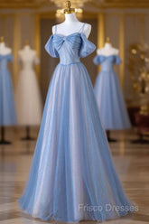 Blue Spaghetti Strap Tulle Long Formal Prom Dress, Beautiful A-Line Formal Dress