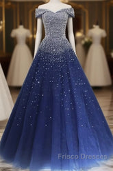 Blue Sparkle Off Shoulder Ball Party Dress Handmade Beaded Party Dress Elegant Formal Prom Dress Evening Dress